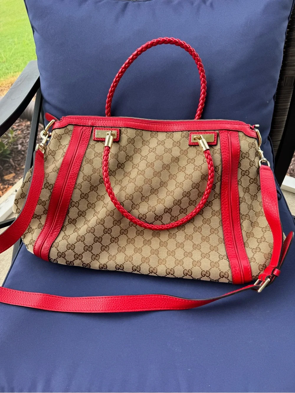 Gucci Beige GG Canvas Shoulder Bag with Red Trim and Tassels